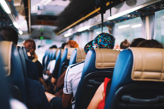 Coach bus interior with leather seats